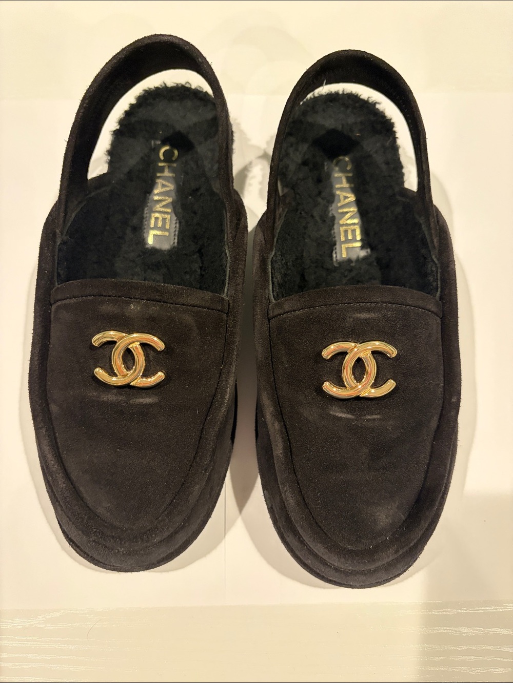 CHANEL Black Suede CC Logo Shearling Slingback Loafers with Gold Hardware